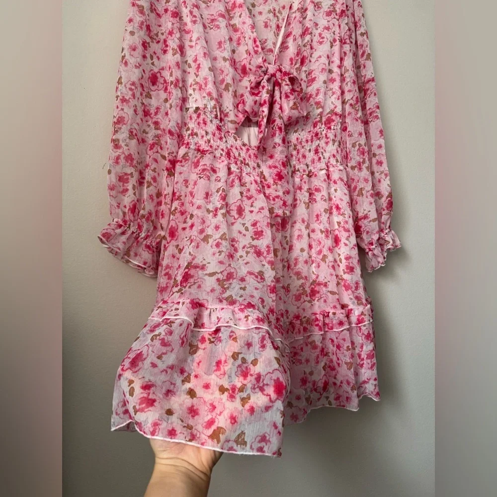 Pink Deep V-Neck Lantern Sleeve Knotted Tired Mini Dress Pink Size L - Picture 5 of 9